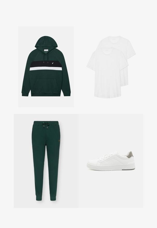 Pier One by Zalando Φούτερ - dark green; Δύο λευκά κοντομάνικα μπλουζάκια από βαμβάκι, με στρογγυλή λαιμόκοψη, απαλή υφή και απλό, χωρίς στολίδια σχέδιο.; Πράσινα βαμβακερά κολάν, με στενή εφαρμογή, ελαστική μέση με κορδόνι, ριμπ μανσέτες, διακριτική χρυσή λεπτομέρεια λογότυπου στο πλάι.; Λευκά αθλητικά παπούτσια από λεία δέρμα, με στρογγυλή μύτη, μινιμαλιστικό σχέδιο, γκρι λεπτομέρεια στη φτέρνα και υφασμάτινη αντιολισθητική σόλα.