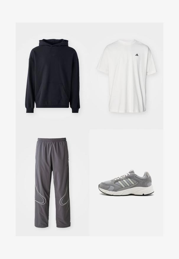 Zwarte capuchontrui van zacht stof, met een voorzak, lange mouwen, geribde boorden en een subtiele logo op de borst.; Witte katoenen t-shirt met korte mouwen, ronde hals en een klein zwart Adidas-logo op de linkerzijde van de borst. Zachte textuur, casual pasvorm.; Heren grijze sportbroeken met een elastische tailleband, ritssloten en reflecterende witte accenten aan de zijkanten. Lichtgewicht, zachte textuur.; Grijze sportieve schoen van mesh en suède materialen, met witte veters, een gevoerde kraag en een massieve witte tussenzool met gestructureerde accenten.