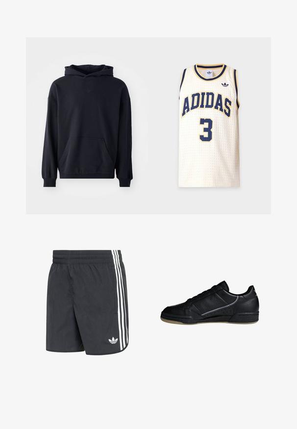 Must mustaga, mis on valmistatud pehmest kangast, esiküljel taskuga, pikkade varrukatega, sooniku äärtega ja diskreetse logoga rinnal.; Valge võrgust ilma varrukateta Adidas sportlik särk mereväe- ja kollase ääristusega, mereväe number kolm ja Adidas logo rinnal.; Mustad spordipüksid, millel on tekstuuriga kangas, küljel kolm valget triipu ja väikene valge logo äärise lähedal.; adidas Originals CONTINENTAL 80 SHOES - Tossud - black