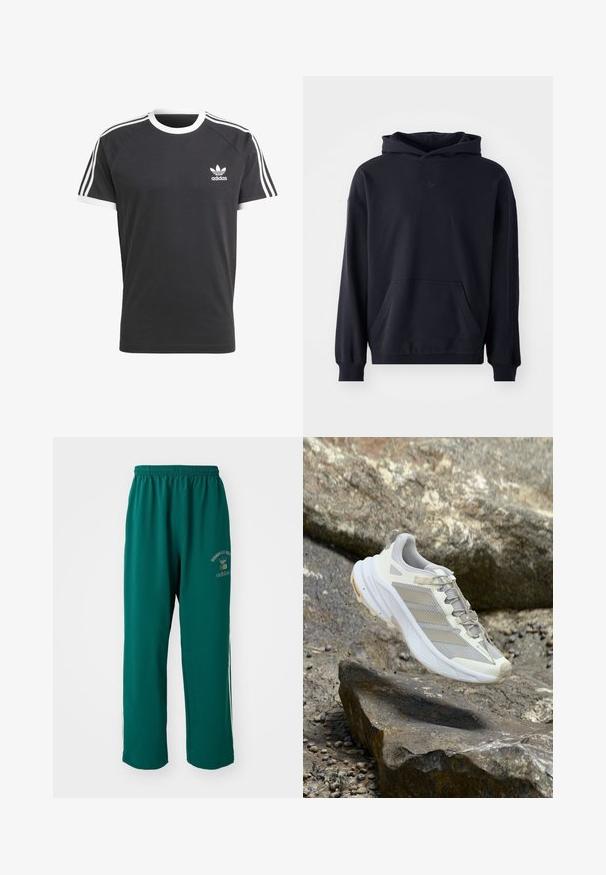 Sort hættetrøje lavet af blødt stof, med en frontlomme, lange ærmer, ribbede manchetter, og et diskret logo på brystet.; Sort t-shirt med hvid krave og ærmekanter, der har tre hvide vandrette striber på hver skulder og et lille hvidt Adidas-logo.; Grønne træningsbukser lavet af glat stof, med elastisk talje, logo print på den ene side og hvide sidelister. Normal pasform.; Lys grå løbesko med mesh og syntetisk overdel, hvid mellemsål og tekstureret sål. Har diskrete accenter og snørebånd.