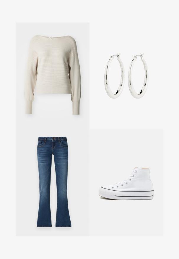 Beige ribbet sweater med bred udskæring, lange ærmer og tætsiddende manchetter. Blød tekstur med subtile vandrette striber. Mærket synligt.; Blå denimjeans med en let flagrende ben, knaplukning foran, lommer og diskrete falmede detaljer på lår og knæ.; Hvide høj-top sneakers lavet af kanvasmateriale, sort gummisål og kontrasterende sort stribe på mellemsålen. Rund tåhætte og snørebåndsdesign.; Sølvøreringe i form af hoops med en glat, blank finish. Cirkulær form, der har en sikker lås. Simpelt og elegant design.