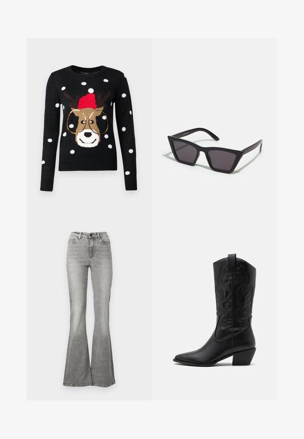 Pull noir avec un motif de renne portant un chapeau rouge, un pompon blanc et des lunettes dorées. Agrémenté de motifs de flocons de neige blancs.; Jean gris évasé en denim, avec une taille haute, des poches avant et un effet dégradé. L'ourlet est légèrement plus large, créant une forme évasée.; Bottes de cowboy en cuir noir avec un bout pointu, des motifs en relief en spirale et un talon de hauteur moyenne. Équipées d'une languette pour un enfilage facile.; Lunettes noires angulaires avec des verres gris ; fabriquées en plastique, avec des branches épaisses à la surface lisse et sans matériel visible.
