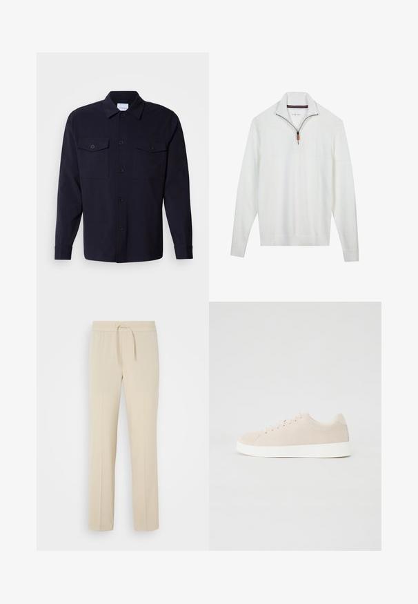 Hvid sweater med en halv-lynlås krave, tekstureret øverste sektion, strikkemønster og ribbede manchetter og kant. Brun læder lynlåsholder detalje.; Marineblå skjortejakke lavet af blødt stof, der har to brystlommer, knaplukning foran og lange ærmer med knapmanchetter.; Beige, elastisk taljebukser med snoretræk. Har lige ben og en glat tekstur, velegnet til afslappet brug eller afslapning.; Beige ruskindsneakers med hvide gummisåler, rund tå og seks snøringshuller. Glat tekstur med minimalisk design.