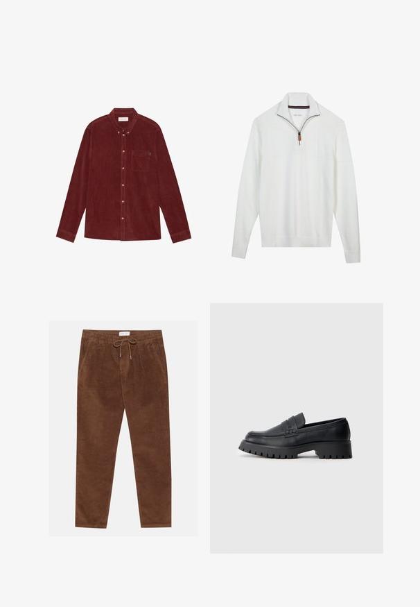 Pull en laine blanc avec un col zippé mi-long, section supérieure texturée, motif en maille et poignets et ourlet côtelés. Détail en cuir marron sur la tirette du zip.; Chemise en velours côtelé rouge avec un col boutonné, des manches longues, une poche avant et des boutons dorés. Tissu texturé.; Pier One by Zalando Pantalon classique - brown; Mocassins en cuir noir avec un bout arrondi, présentant une sangle décorative et une semelle en caoutchouc épaisse avec de profonds crampons pour une meilleure adhérence.