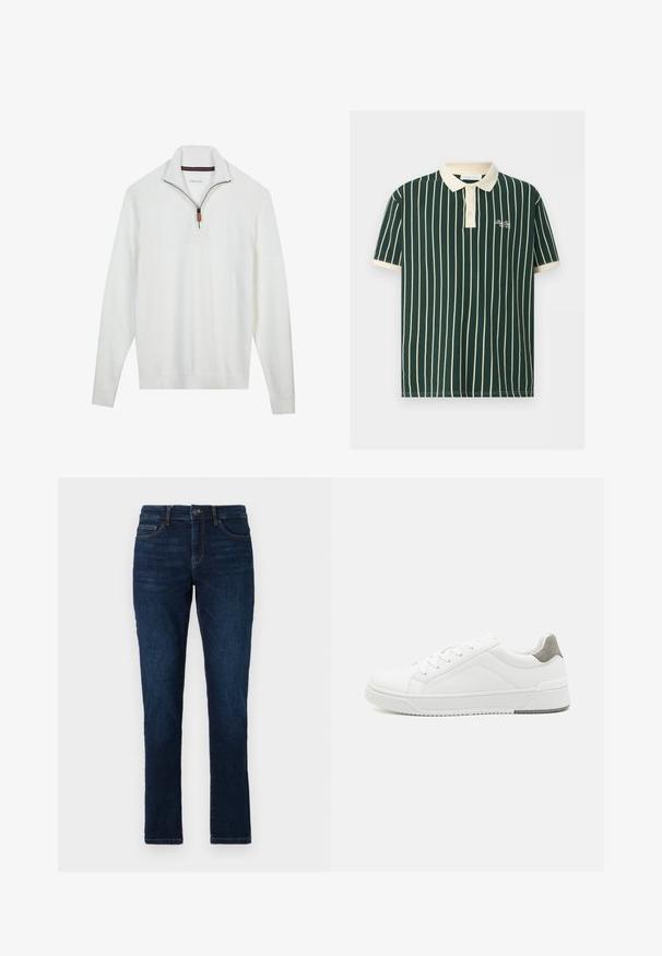 Witte trui met een halve rits kraag, gestructureerde bovenkant, gebreid patroon, en geribde manchetten en zoom. Bruin lederen ritsen trekdetail.; Donkergroen poloshirt met verticale beige strepen, beige kraag en manchetten, drie knopen en kleine witte geborduurde tekst op de borst.; Donkerblauwe denim jeans met een slim fit, standaard vijf-pocket ontwerp en een knoop- en ritssluiting. Gladde textuur met minimale vervaging.; Witte sneaker van glad leer met een ronde neus, minimalistisch ontwerp, grijze hielaccent en een geplaatste rubberen zool.