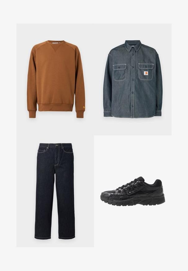 Brun langærmet crewneck-trøje med ribstrikkede manchetter og kant, med et lille logo på venstre ærmemanchet.; Mørkegrå denimskjorte med knapper, to brystlommer med knapper, hvide kontrastsømme og et lille orange logomærke på højre lomme.; Mørkeblå lige ben denim jeans med fem lommer og hvide kontrastsyninger, knaplukning og bæltestropper.; Sort atletisk sko med en overdel af mesh og syntetisk materiale, tekstureret overflade, snørrebånd og en mønstret gummisål for godt greb.