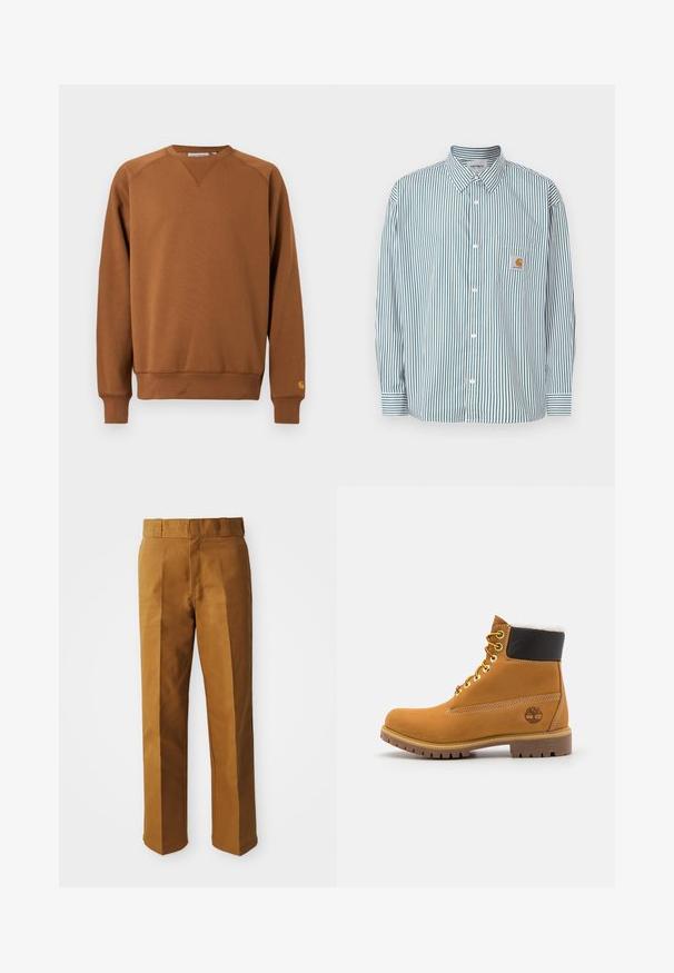 Sweat-shirt marron à manches longues avec col rond, poignets et ourlet côtelés, arborant un petit logo sur le poignet de la manche gauche.; Chemise rayée vert et blanc, dotée d'un col boutonné, de manches longues, d'une poche avant et d'une petite étiquette logo.; Pantalons ajustés marron avec une texture lisse, présentant une coupe droite, des plis à l'avant et une taille standard.; Bottine en cuir brun avec œillets en métal, doublure en fourrure blanche, col rembourré noir, semelle robuste et logo en relief sur le côté.