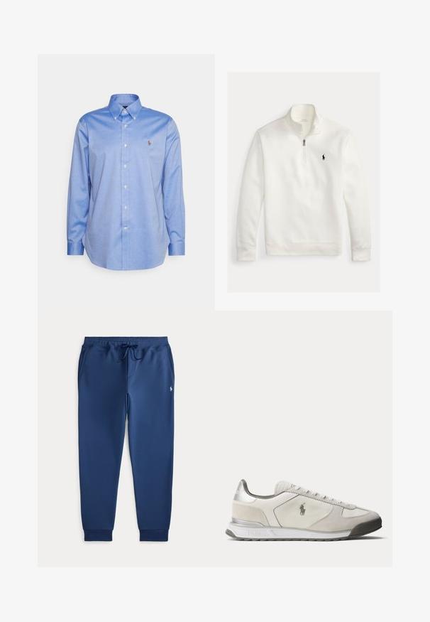 Valge neljandiku tõmblukuga pullover, millel on pikad varrukad, kõrge krae ja vasakul rinnal must Polo Ralph Laureni logo, mis on tikandina.; Heledad sinine särk krae ja pikkade varrukatega, vasakul rinnal on väike logo. Valmistatud siidisest puuvillast kangast.; Tumesinised jooksupüksid nöörpingutusega vöökohal, küljetaskud, soonikkäised ning vasakul reiel väikese valge tikitud logoga.; Madal profiiliga valge ja helehall tennisejalanõu, mille küljes on Polo logo, ees on paelad ja kandadel hõbedased triibud.