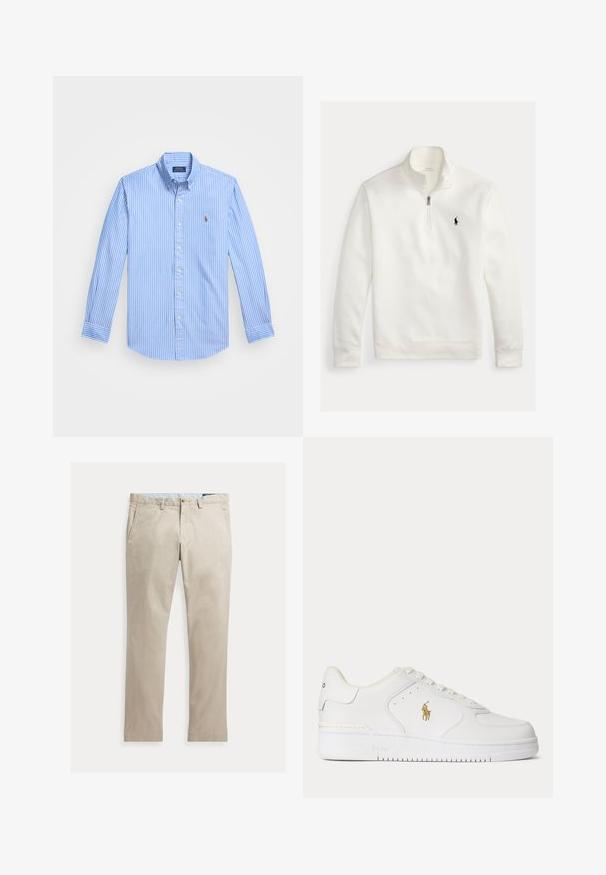 Witte kwart-rits pullover met lange mouwen, hoge kraag, en klein zwart Polo Ralph Lauren-logo geborduurd op de linkerkant van de borst.; Blauwe en witte gestreepte lange mouwen overhemd met een puntige kraag en logo-embleem op de borst. Katoenen stof met een gladde textuur.; Beige katoenen broek met rechte pijpen, voorzakken, riemlussen, knoopsluiting en ritssluiting, plat liggend op een witte achtergrond.; Witte lage leren sneaker met witte veters en een gouden Polo Ralph Lauren-logo aan de zijkant en "Polo" in de zool gegraveerd.