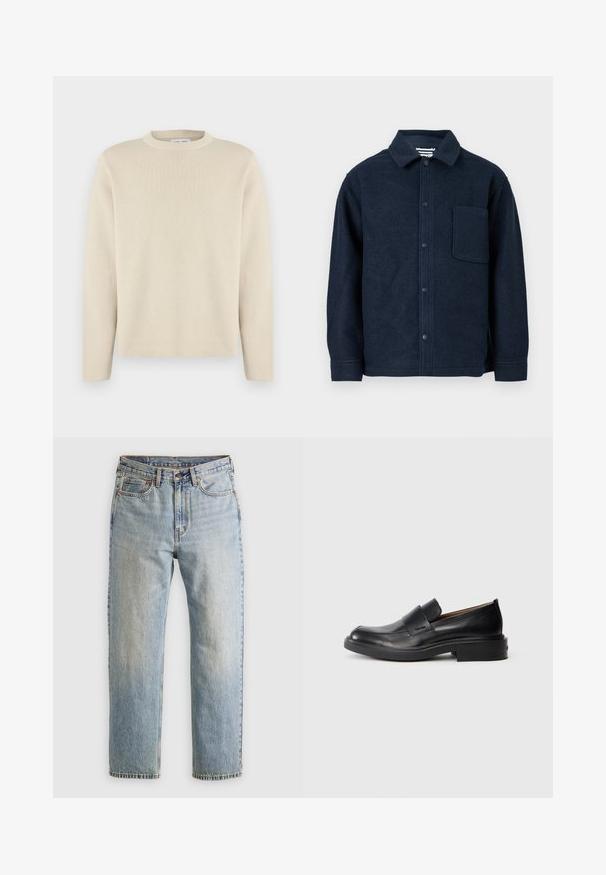 Pull beige à manches longues avec col rond et un petit logo subtil sur la poitrine gauche, présenté sur un fond blanc uni.; Veste en laine bleu marine à boutons, à manches longues, avec un col pointu et une grande poche poitrine sur le côté gauche.; Jean en denim bleu clair à taille haute, avec bouton avant, fermeture éclair et design à cinq poches, posé à plat sur un fond neutre.; Chaussure habillée noire en cuir, à enfiler, avec un petit talon et un logo Calvin Klein discret sur le côté, présentée de profil sur un fond blanc.