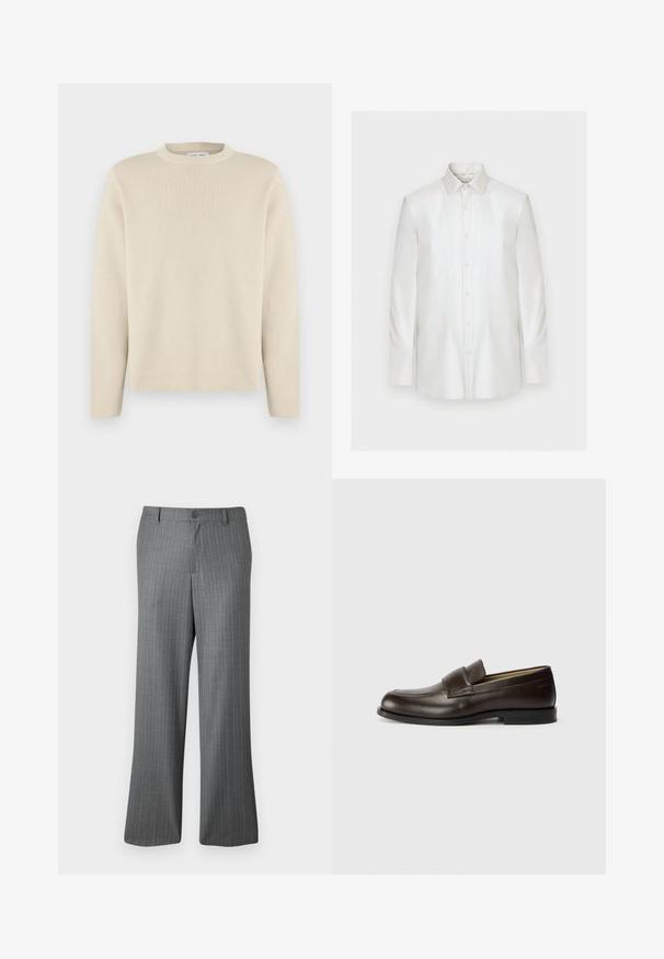 Pull beige à manches longues avec col rond et un petit logo subtil sur la poitrine gauche, présenté sur un fond blanc uni.; Chemise blanche à manches longues avec boutons et col pointu, présentée de face sur un fond clair uni.; Pantalons gris à rayures fines avec une coupe décontractée, dotés d'une fermeture à bouton, de passants de ceinture et de subtiles rayures bleu clair tout au long.; Calvin Klein Chaussons - cocoa brown