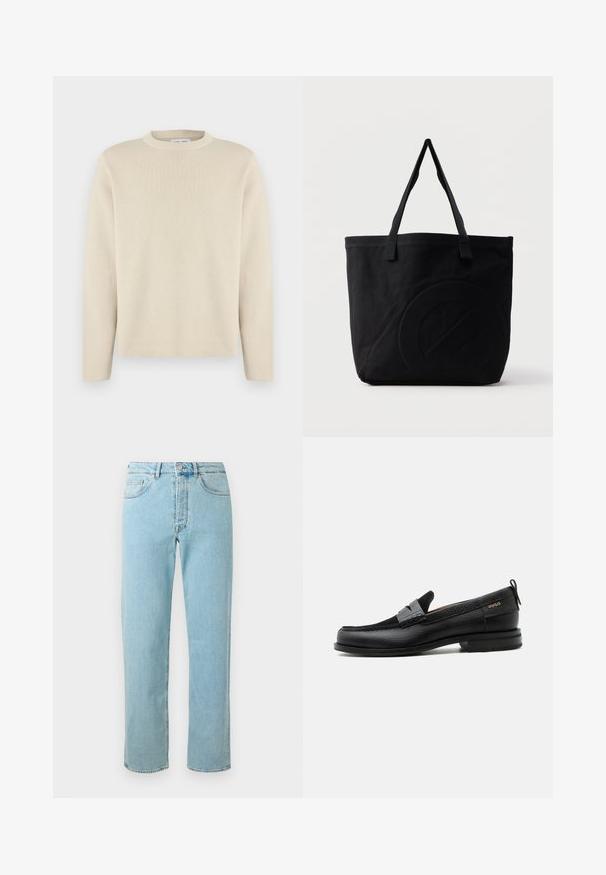 Beige trui met lange mouwen en ronde hals, voorzien van een subtiel klein logo op de linkerborst, weergegeven op een effen witte achtergrond.; Lichtblauwe denim jeans met een rechte pijp, uitgerust met vijf zakken, een ritssluiting en subtiele vervagingen door de stof.; Zwarte leren loafer met grijs riemdetailelement, lage hak en gestructureerde zool, aan de zijkant gebrandmerkt met "HUGO" in goud.; Zwarte canvas tas met twee schouderbanden en een subtiel, ingebosseleerd cirkelvormig ontwerp aan de voorkant.