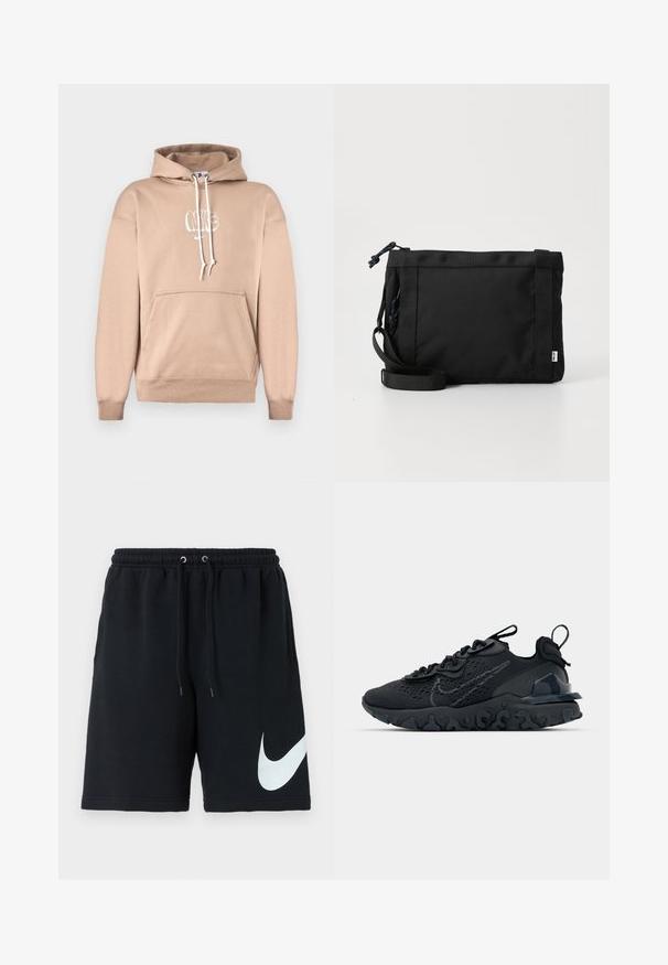 Beige Kapuzenpullover mit einer Fronttasche, verstellbaren Kordeln und einem bedruckten Logo. Weicher Stoff mit gerippten Bündchen und Saum.; Schwarze Baumwoll-Shorts mit elastischem Taillenband, Kordelzug, Seitentaschen und einem großen weißen Nike-Logo, das auf der linken Seite aufgedruckt ist.; Schwarzer Sportschuh mit atmungsaktivem Mesh-Obermaterial, strukturierten Akzenten und einer wellenförmigen Gummisohle. Verfügt über ein reflektierendes Logo und ein Schnürsystem.; Schwarze Stoff-Schultertasche mit texturiertem Äußeren, verstellbarem Schultergurt und Kordelzugverschluss. Verfügt über auffällige Nähte und ein seitliches Etikett.