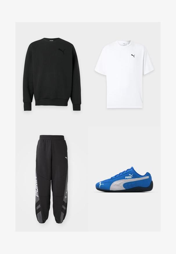 Sweat-shirt noir à manches longues avec encolure ras du cou, poignets et ourlet côtelés, arborant un logo Puma noir discret sur le côté gauche de la poitrine.; T-shirt blanc à manches courtes col rond avec un petit logo Puma noir sur la poitrine gauche sur un fond clair.; Pantalons de jogging noirs en matériau doux. Comprend une taille élastique, des jambes fuselées, des accents gris et des logos blancs sur les côtés.; Baskets de sport bleues avec un dessus en daim, présentant un panneau latéral blanc et une semelle en caoutchouc noire. Comprend un logo PUMA surélevé sur le côté.