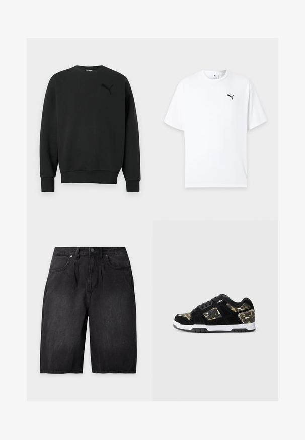 Sudadera negra de manga larga con cuello redondo, puños y dobladillo acanalados, con un sutil logo negro de Puma en el pecho izquierdo.; Camiseta blanca de manga corta con cuello redondo y un pequeño logo negro de Puma en el pecho izquierdo sobre un fondo claro.; Pantalones cortos de denim negro con bolsillos delanteros, trabillas para cinturón y cierre de botón, mostrados sobre un fondo claro y sencillo.; Zapatilla de ante negra con patrón de camuflaje en el lateral, media suela blanca y suela exterior de goma negra. Presenta cordones y detalle del logo en el lateral.
