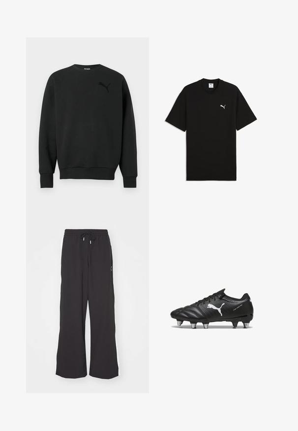 Zwarte, lange mouwen, ronde hals sweatshirt met geribbelde boorden en zoom, met een subtiel zwart Puma-logo op de linkerborst.; Zwart T-shirt met korte mouwen en ronde hals met een klein wit Puma-logo op de linkerborst.; Zwarte wijde sweatpants met een elastische tailleband en trekkoord. Voorzien van witte zijstrepen en twee zijzakken. Glad textuur.; Zwarte voetbalschoenen van gestructureerd materiaal, met een wit Puma-logo, vetersluiting en metalen noppen voor grip. Het ontwerp benadrukt prestaties en ondersteuning.