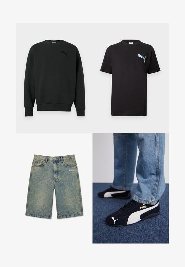 Zwarte, lange mouwen, ronde hals sweatshirt met geribbelde boorden en zoom, met een subtiel zwart Puma-logo op de linkerborst.; Zwart T-shirt met korte mouwen en een klein lichtblauw Puma-logo op de linkerborst tegen een witte achtergrond.; Lichtblauwe denim shorts met een vervaagd effect, voorzakken, riemlussen, knoopsluiting en het "PEGADOR" logo op de rechter voorzak.; Zwarte suède sneakers met witte accenten, voorzien van een gouden logo. Gemaakt met lichtblauwe spijkerbroek en geplaatst op een textuur blauwe ondergrond.