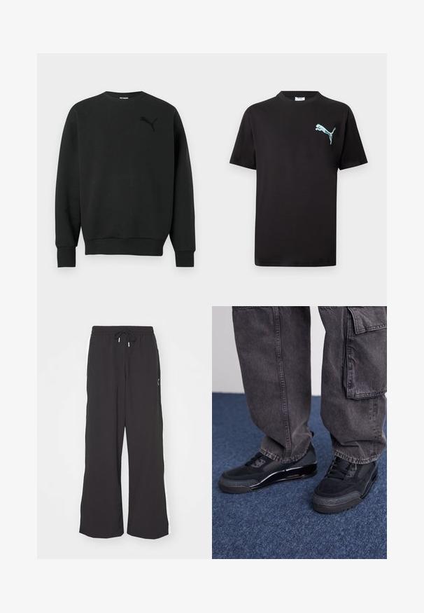 Must musta pika varrukaga ümara kaelusega dressipluus soonikkoes varrukate ja alläärega, vasakul rinnal peen must Puma logo.; Must lühikeste varrukatega T-särk, vasakul rinnal väike helesinine Puma logo, valgel taustal.; Mustad lai jalad, millega on elastsusvöö ja pael. Funktsioonid valged külgtriibud ja kaks külgtaskut. Sile tekstuur.; Mustad mustrennijalats, millel on tekstuuriga pind, silejad aktsentid ja paks tald, koos tumedate, lahtiste cargo-pükstega.