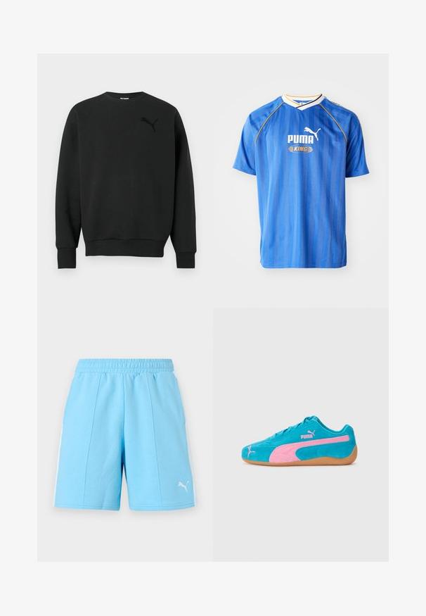 Zwarte, lange mouwen, ronde hals sweatshirt met geribbelde boorden en zoom, met een subtiel zwart Puma-logo op de linkerborst.; Blauwe voetbalshirt met korte mouwen, voorzien van verticale strepen, witte en gele accenten, en een logo met een poema. Lichtgewicht, ademend materiaal.; Lichtblauwe atletiekshorts met elastische tailleband, witte zijstrepen en Puma-logo aan de voorkant van het rechteronderbeen.; Suede sneakers in helderblauw met roze accenten en een gumrubberen zool. Beschikt over een vetersluiting en geborduurd logo detail.