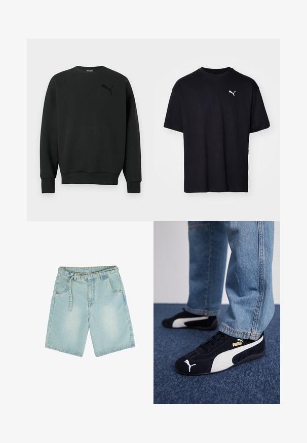 Sweat-shirt noir à manches longues avec encolure ras du cou, poignets et ourlet côtelés, arborant un logo Puma noir discret sur le côté gauche de la poitrine.; T-shirt en coton noir à manches courtes, col rond, avec un logo Puma blanc sur le côté supérieur gauche de la poitrine. Coupe classique, texture lisse.; Shorts en denim bleu clair avec une coupe droite, cinq poches, passants de ceinture et une finition délavée. Fabriqués en tissu coton durable.; Baskets en daim noir avec accents blancs, arborant un logo doré. Portées avec un jean en denim bleu clair et posées sur une surface bleue texturée.