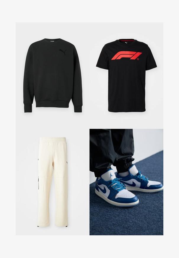 Sudadera negra de manga larga con cuello redondo, puños y dobladillo acanalados, con un sutil logo negro de Puma en el pecho izquierdo.; Camiseta de algodón negra que presenta un gran logo rojo de Fórmula 1 en el frente. Cuello redondo y mangas cortas, textura suave.; Pantalones de chándal de color beige claro, hechos de un tejido suave. Presentan un logo negro, bolsillos laterales con cremalleras y un corte relajado.; Las zapatillas Nike Air Jordan cuentan con una base de cuero blanco con acentos sintéticos azules, una caja de dedos perforada y cordones azules.