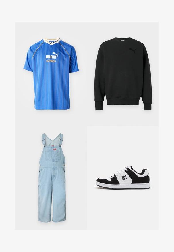 Čierna mikina s dlhým rukávom a okrúhlym výstrihom, s rebrovanými manžetami a lemom, s jemným čiernym logom Puma na ľavej strane hrudníka.; Modrá futbalová dres s krátkym rukávom s vertikálnymi pruhmi, bielymi a žltými akcentmi a logom s pumou. Ľahká, priedušná tkanina.; Svetlomodré denimové nohavice na traky s nastaviteľnými prackami, predným vreckom na hrudi s logovou nášivkou a dizajnom nohavíc so širokými nohavicami.; Čierno-biele tenisky s kombináciou kožených a semišových materiálov, s perforovanou špičkou, textúrovanými akcentmi a detailom loga.