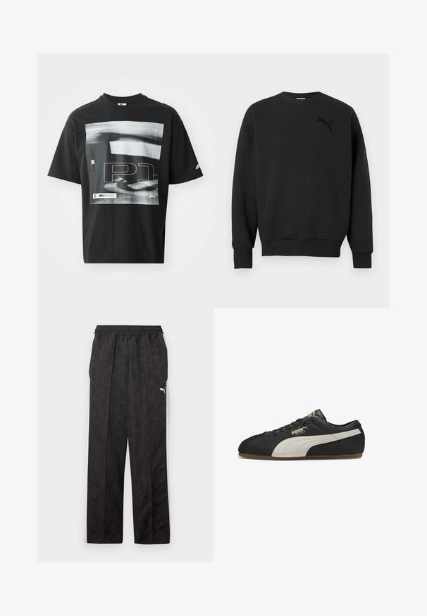 Sudadera negra de manga larga con cuello redondo, puños y dobladillo acanalados, con un sutil logo negro de Puma en el pecho izquierdo.; Camiseta de algodón negra con un estampado gráfico que incluye elementos de texto, como "FORMULA 1 RACING" y "P1". Cuello redondo y mangas cortas.; Pantalones deportivos negros con patrón sutil, franjas laterales blancas, cintura elástica y un logo blanco de Puma en la parte superior del muslo.; Zapatilla Puma de perfil bajo en negro con franja lateral beige, cordones negros y suela de goma, mostrando el lado exterior izquierdo con la marca "Puma Tackle".