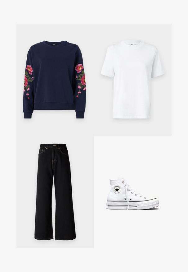 Navyblauwe sweatshirt met levendige bloemenborduursels op beide mouwen. Gemaakt van zachte stof met geribbelde manchetten en zoom.; Witte katoenen T-shirt met ronde hals, korte mouwen en een gladde textuur. Ontworpen met een comfortabele en veelzijdige relaxte pasvorm.; Zwarte wijde jeans van denim, met contrasterende gele stiksels, vijf zakken en een knoopsluiting bij de taille.; Witte hoge Converse Chuck Taylor All Star sneaker met zwart logopatch en witte veters, weergegeven op een witte achtergrond.