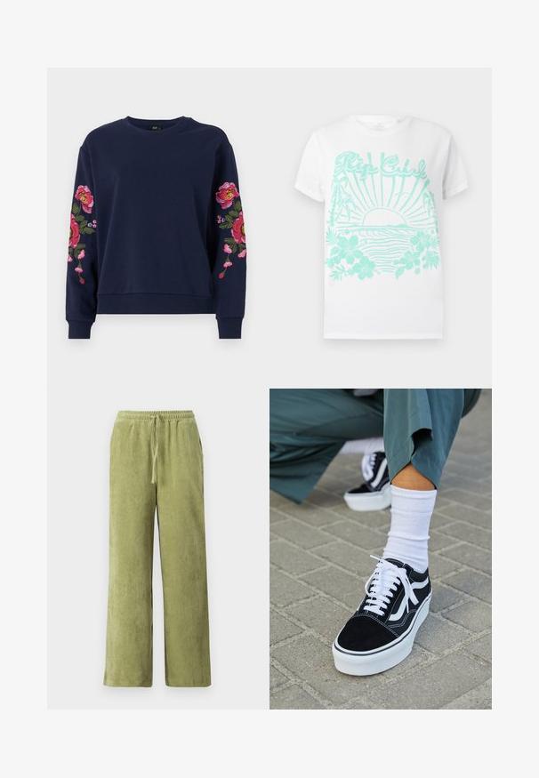 Dunkelblauer Sweatshirt mit lebhaften Blumenstickereien an beiden Ärmeln. Aus weichem Stoff gefertigt, mit gerippten Bündchen und Saum.; Weißes T-Shirt mit kurzen Ärmeln und türkisfarbenem Aufdruck einer Sonne, die über den Wellen des Ozeans untergeht, mit Palmen, Hibiskusblüten und dem Text "Rip Curl".; Grüne Cord-Hosen mit weitem Bein, elastischem Bund und Kordelzug. Vertikale Rillen im Stoff schaffen Textur.; Schwarze Wildledersneaker mit weißen Akzenten und Schnürsenkeln, ausgestattet mit einer dicken weißen Sohle und kontrastierenden Nähten, kombiniert mit einer weißen Socke.
