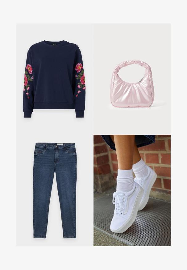 Sudadera azul marino con vibrante bordado floral en ambas mangas. Confeccionada en una tela suave con puños y dobladillo de canalé.; Jeans de mezclilla azul oscuro con un corte ajustado, diseño de cinco bolsillos y costuras doradas. Presenta un cierre de cremallera y botón. Textura suave.; Zapatillas de lona blancas con suelas de goma, que presentan seis ojales, puntera redonda y detalles de costura ligera, combinadas con calcetines blancos hasta el tobillo.; Bolso de mano acolchado en color rosa con un diseño redondeado, fabricado en material brillante. Presenta un asa fruncida y un cierre de cremallera para un acceso seguro.