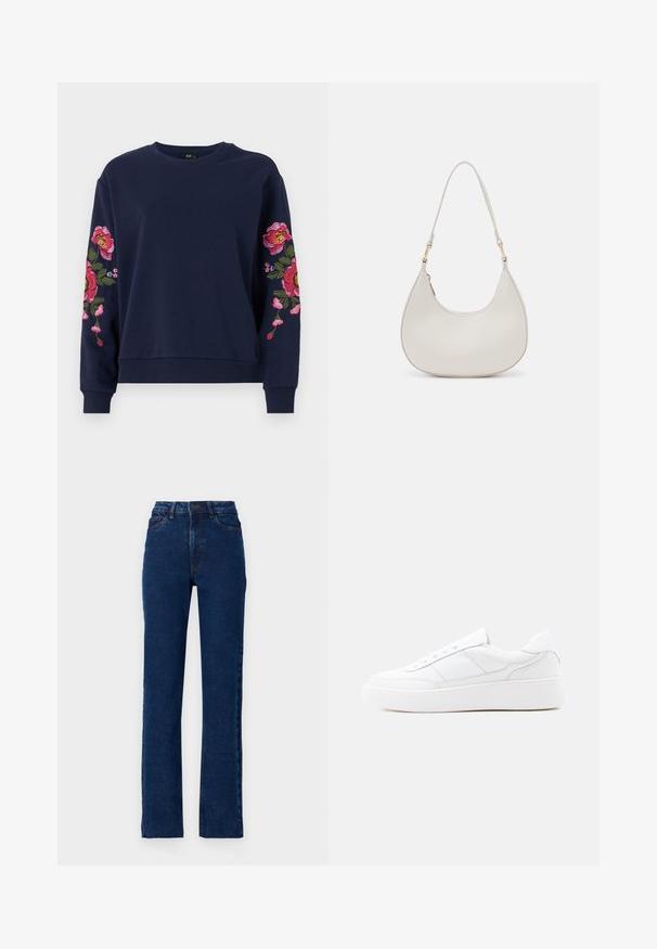 Dunkelblauer Sweatshirt mit lebhaften Blumenstickereien an beiden Ärmeln. Aus weichem Stoff gefertigt, mit gerippten Bündchen und Saum.; Hoch geschnittene dunkelblaue Jeans aus Denim mit geradem Bein, fünf Taschen und kontrastierender Naht entlang der Nähte.; Weißer Low-Top-Sneaker mit dicker Sohle, Schnürdesign und dezenten Nahtdetails auf hellem, einfachem Hintergrund.; Cremfarbene Leder-Schultertasche mit einer Halbmondform, dünnem Schulterriemen und subtilen Stichdetails. Minimalistisches Design mit goldfarbenen Hardware-Akzenten.
