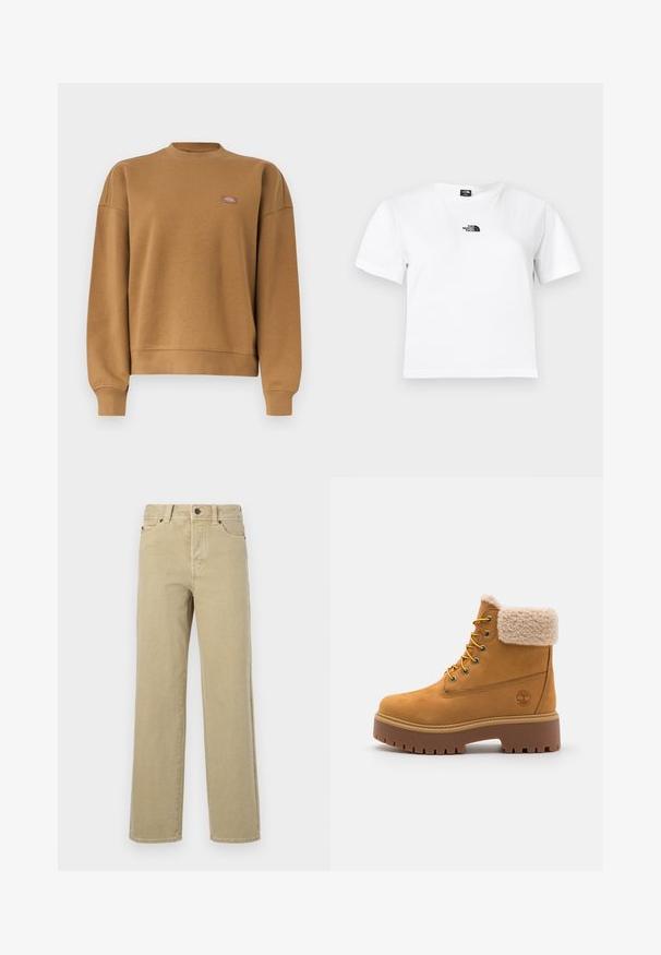 Brun crewneck-sweatshirt med ribbede manchetter og kant, der har et lille rektangulært logo-patch på venstre bryst.; Hvid bomulds t-shirt med korte ærmer, rund hals og et sort The North Face-logo på brystet. Enkel, udekoreret design.; Beige vidbenede jeans lavet af blød bomuld med et klassisk design med fem lommer, knaplukning og synlige syninger langs sømme og kanter.; Tan ruskindsstøvle med en kunstig pelskrave, gyldne øjer og en kontrasterende gummisål. Har et logo på siden og struktureret sål.