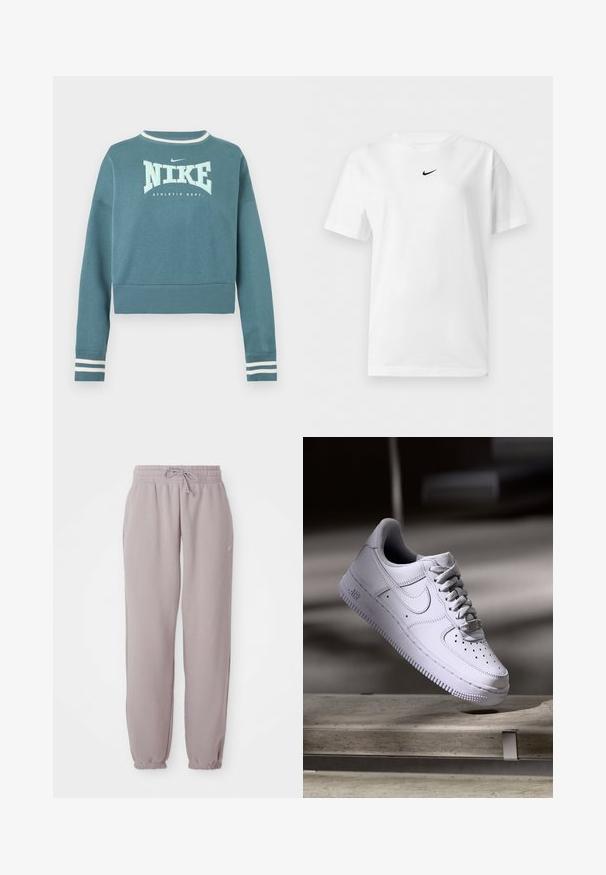 Krátka tepláková mikina s dlhým rukávom v tyrkysovej farbe s bielym logom Nike, textom "ATHLETIC DEPT." a bielymi pruhovanými manžetami a výstrihom.; Biele tričko s krátkym rukávom a okrúhlym výstrihom s malým čiernym logom Nike Swoosh umiestneným v strede blízko goliera.; Svetlomauve flísové tepláky s elastickým pásom, šnúrkou, bočnými vreckami a elastickými manžetami, zobrazené položené na bielom pozadí.; Biele tenisky Nike Air Force 1 vznášajúce sa nad betónovým povrchom so tieňmi v minimalistickom prostredí.