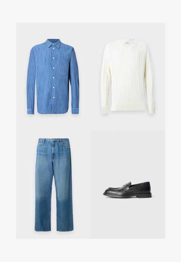 Hvid kabelstrikket V-hals sweater med lange ærmer og ribstrikkede manchetter og kant.; Blå langærmet skjorte med knapper og lodrette sorte striber samt en brystlomme foran, vist på en hvid baggrund.; Lyseblå vidde bukser i denim. Har en midtalje, fem-lomme design og en falmet vask med synlige syninger.; Sorte læder loafers med en struktureret finish, der har en dekorativ frontrem og en rundet tå. Gummisål for holdbarhed.