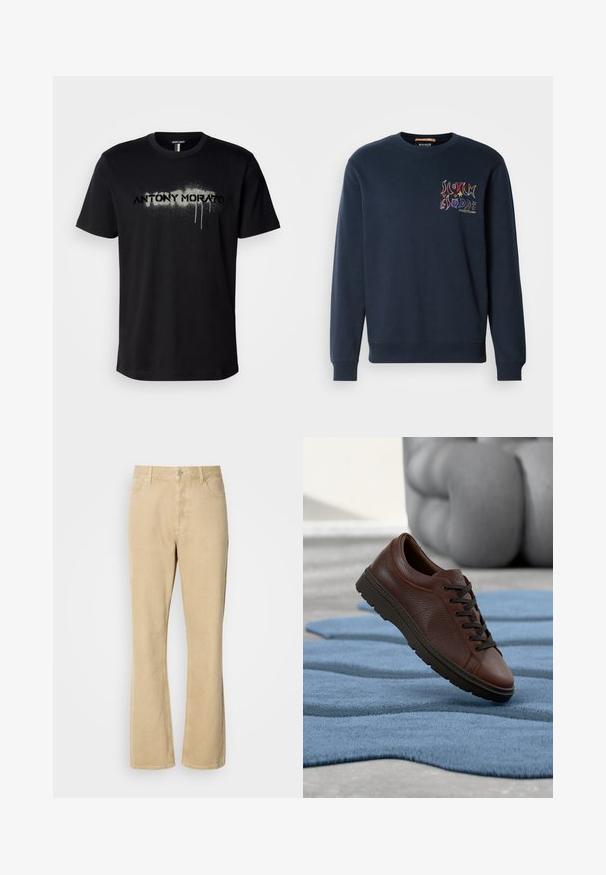Marineblauwe sweatshirt met een geribbelde ronde hals, lange mouwen en een kleurrijke grafische logo op de linkervoorzijde. Zachte stoffen textuur.; Zwarte katoenen t-shirt met een gespoten tekstgrafiek "ANTONY MORATO" in grijs met druipende details, korte mouwen en een ronde hals.; Beige corduroy flare-pantalon met een knoop- en ritsluiting, voorzien van vijf zakken en zichtbare naden langs de benen. Soepele textuur.; Bruine leren sneaker met een gestructureerde afwerking, ronde neus en donkere veters. Rubberen zool met een laag profiel. Geplaatst op een blauw tapijt.