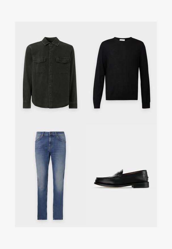Sort langærmet sweater lavet af blødt stof, med rund halsudskæring, ribbede manchetter og lige kant. Minimalistisk design, ingen mønstre.; Mørkegrøn skjorte med knapper lavet af blødt stof, med krave, to brystlommer, lange ærmer og lige kant.; Denim jeans i medium blå med en lys vask, fem-lomme design, lige benform og knaplukning. Har let falming og subtile syninger.; Sort læder herre loafer med lav hæl og mokkasinsyning på tåen, vist fra siden på en ensfarvet baggrund.