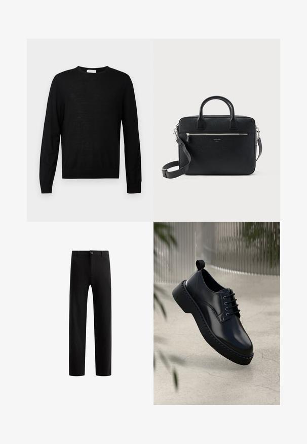 Pull noir à manches longues en tissu doux, avec un col rond, des poignets côtelés et un ourlet droit. Design minimaliste, sans motifs.; Pantalons noirs ajustés avec un devant plat, des jambes droites, fermeture à bouton unique et passants de ceinture, fabriqués à partir d'un tissu lisse sans motifs visibles.; Chaussure en cuir noir avec un bout arrondi, un laçage et une semelle en caoutchouc épaisse dotée d'un bord texturé. Finition élégante et matériel minimal.; Serviette rectangulaire en cuir noir texturé avec double poignée, poche avant zippée et bandoulière réglable présentée sur fond blanc.
