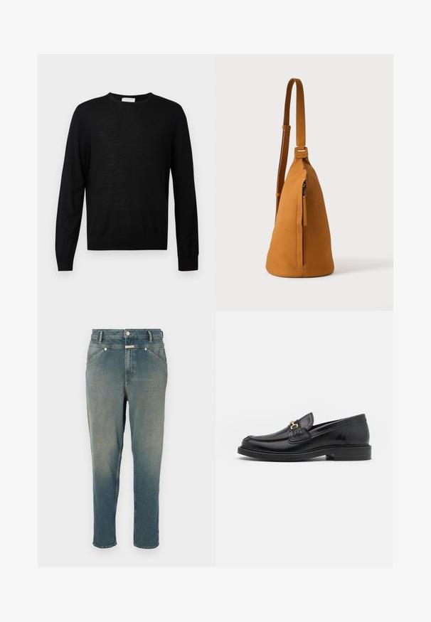 Sort langærmet sweater lavet af blødt stof, med rund halsudskæring, ribbede manchetter og lige kant. Minimalistisk design, ingen mønstre.; Denim jeans i falmet blå, lige fit med høj talje. Har bæltestropper, fem lommer og metalknaplukning. Let slidte detaljer.; Sorte læder loafers med en rund tå, der har guld hardware accent og syningsdetaljer, placeret på en lav, tekstureret gummisål.; Tan læder crossbodytaske med justerbar rem og lodret lynlåslomme, vist fra siden mod en ensfarvet lys baggrund.