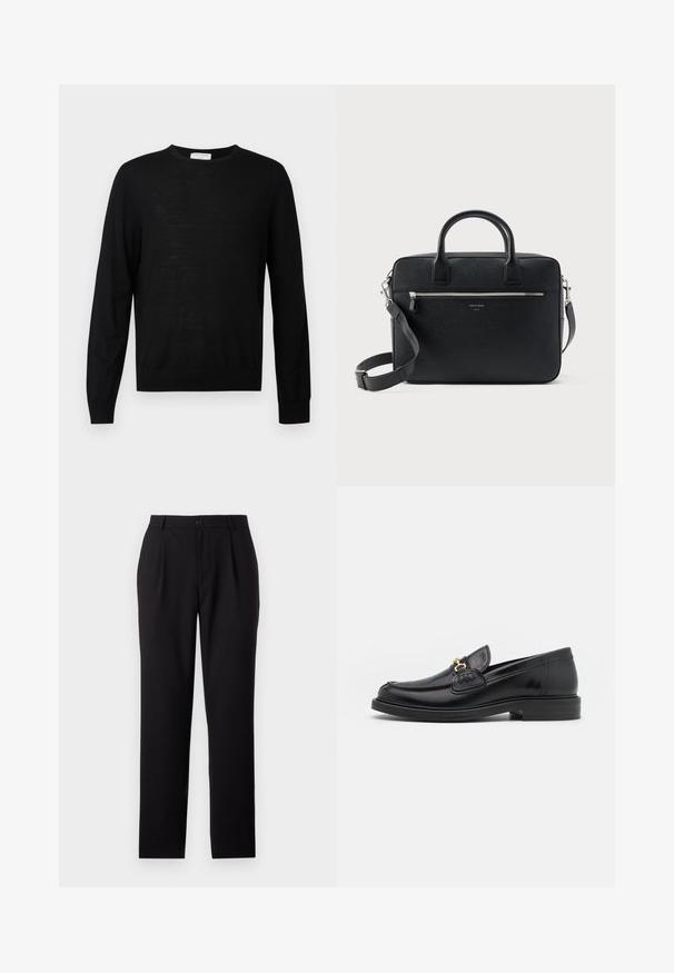 Suéter negro de manga larga confeccionado en una tela suave, con un escote redondo, puños acanalados y un dobladillo recto. Diseño minimalista, sin patrones.; Pantalones de vestir negros con un diseño de pierna recta, fabricados en un tejido suave. Presentan pliegues frontales y un cierre de botón en la cintura.; Mocasines de cuero negro con punta redondeada, que cuentan con un detalle de herrajes dorados y costuras, situados sobre una suela de goma texturizada y baja.; Maletín rectangular de cuero negro con textura, con doble asa, bolsillo frontal con cremallera y correa de hombro ajustable, mostrado sobre fondo blanco.