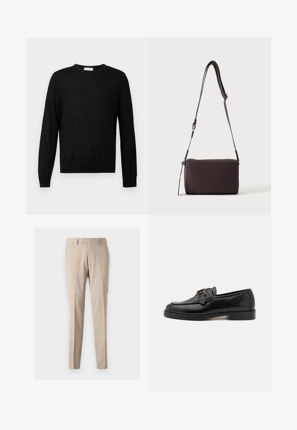 Sort langærmet sweater lavet af blødt stof, med rund halsudskæring, ribbede manchetter og lige kant. Minimalistisk design, ingen mønstre.; Beige tapered bukser lavet af letvægtsstof, med forreste folder, to sidelommer og en glat tekstur.; Sorte læder loafers med rund tå og en dekorativ spændeaccent. Flad, solid hæl og glat tekstur hele vejen igennem.; Mørkebrun textured læder crossbody taske med justerbar rem og lille dekorativ blå accent på siden.