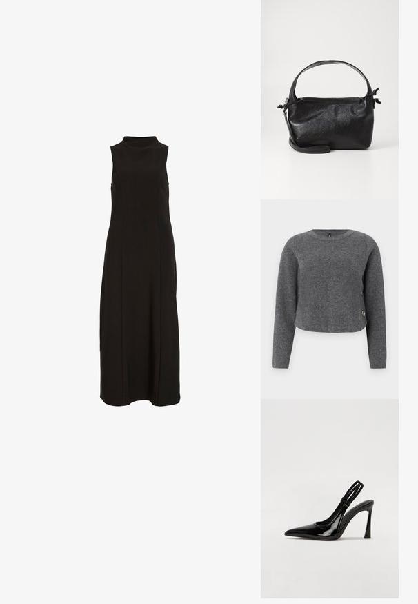 Grå strikket sweater med lange ærmer, rund hals og dekorative knapper på siden. Blød tekstur og cropped design.; Sort langærmet maxikjole med høj halsudskæring og en lige, tætsiddende silhuet.; Sorte patenterede lædersædler med spidse tæer, slank høj hæl og dobbelt elastisk rem for sikker pasform. Glat, skinnende overflade.; Sort læderhåndtaske med et struktureret design, rund tophåndtag og aftagelig skulderrem. Den har en glat tekstur og en subtil glans.