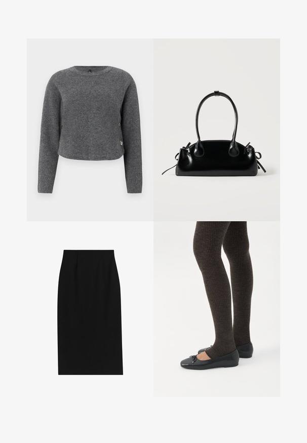 Grå strikket sweater med lange ærmer, rund hals og dekorative knapper på siden. Blød tekstur og cropped design.; Sort blyantskørt med en glat tekstur, skræddersyet pasform og lodrette læg ved taljen, designet til en elegant silhuet.; Ben iført mørke ribbede leggings kombineret med sorte balletsko med små sløjfedetaljer på hvid baggrund.; Lille sort blank håndtaske med to lange håndtag og snøre-detaljer i siden på en ensfarvet lys baggrund.