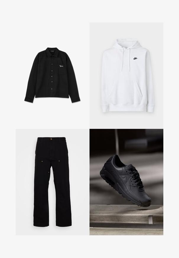 Hvid hættetrøje med frontlomme, snøre i hætten og lille sort Nike-logo på venstre bryst.; Sort langærmet skjorte lavet af stof, med krave, knap-lukning foran, enkelt brystlomme og broderet logo i hvid på lommen.; Sorte denimbukser med lige ben, udstyret med guld hardware-detaljer og synlige syninger på for- og baglommer.; Sorte Nike Air Max-sneakers med en struktureret læderoverdel, gummisål og fremtrædende snøresystem, der viser et slankt, moderne design.