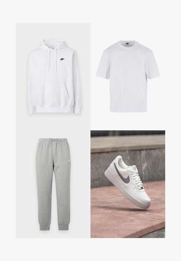 Hvid hættetrøje med frontlomme, snøre i hætten og lille sort Nike-logo på venstre bryst.; Hvid kortærmet t-shirt lavet af bomuld. Har en rund halsudskæring og en afslappet pasform. Glat tekstur, minimalistisk design, ingen mønstre eller accenter.; Grå joggingbukser lavet af blødt stof, med elastisk talje med snøre, tilspidsede ben og en lille hvid logo på siden.; Hvid Nike Air Force 1 sneaker med gråt swoosh-logo svævende over en stensurface og en grå stenvæg i baggrunden.