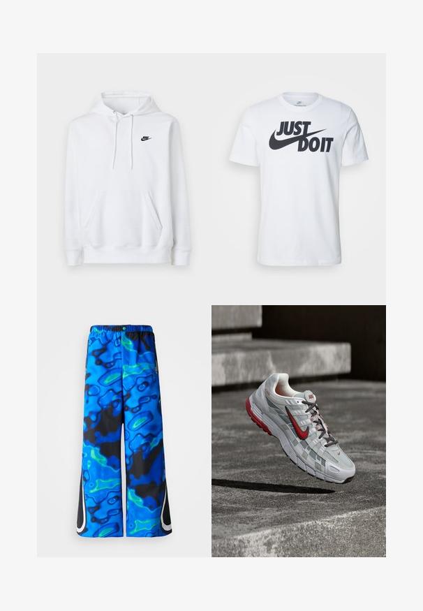 Valge kapuutsiga dressipluus ees tasku, kapuutsil paelad ning väike must Nike logo vasakul rinnal.; Valge puuvillane T-särk, millel on silmapaistev must "Just Do It" logo ja Nikei suss. Klassikaline ümmargune kaelus ja lühikesed varrukad.; Sinised ja mustad abstraktsed mustriga laiad püksid elastse vöökoha ja lukuga küljetaskutega ühtlases taustas.; Valge ja hall Nike jooksujalats punaste detailide ning mustade paeltega, ripub hallide betoonsammude kohal.