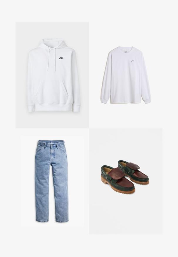 Hvid hættetrøje med frontlomme, snøre i hætten og lille sort Nike-logo på venstre bryst.; Hvid langærmet t-shirt i bomuld med et lille sort skateboardgrafik på venstre bryst og ribbede manchetter.; Lyseblå straight-leg denimjeans med forreste knap- og lynlås, bæltestropper og skrå forlommer.; Lædersko med en mørkegrøn krop og en burgunderrød top, rund tå, fastgjort klap og tekstureret gummisål med riller.