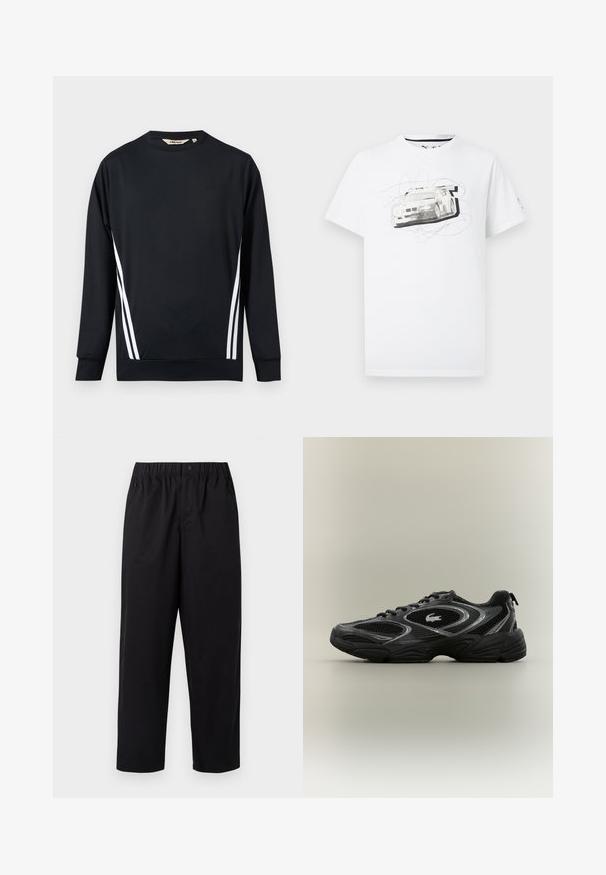 Sort langærmet atletisk sweatshirt med to hvide, lodrette striber på hver side og et lille præget logo på brystet.; Hvid t-shirt med korte ærmer, med et falmet gråtonebillede af en racerbils grafik og abstrakte kruseduller på forsiden.; Sorte, vide ben bukser med elastisk talje og en enkelt knap. Lavet af et glat, letvægtsstof. Lige kant.; Sort og grå atletisk sneaker med mesh-paneler, snørebåndsdesign, tyk sål og et lille krokodillelogo på siden.