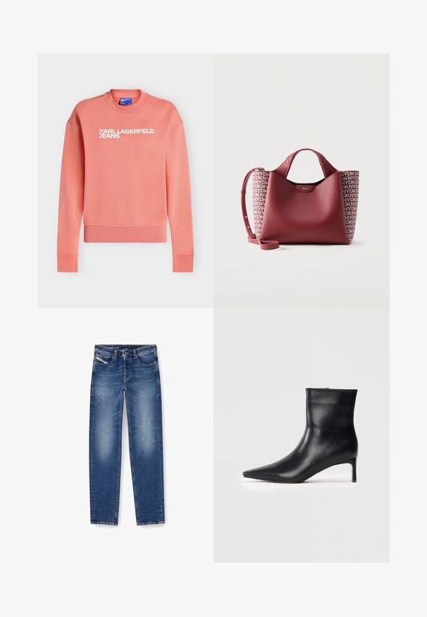 Koralfarvet crewneck sweatshirt med lange ærmer, ribkant ved ærmer og kant, med hvidt "KARL LAGERFELD JEANS" logo foran.; Denim jeans i medium blåt med en falmet finish. Har fem lommer, bæltestropper og lige ben. Syningerne er synlige.; Sort læderankelstøvle med spidse tæer, elegant design og en slank kittenheel. Glat tekstur uden synlige udsmykninger.; Rød tekstureret lædertaske med korte håndtag, justerbar skulderrem og sidepaneler med gentagne hvide "DKNY"-logoer.