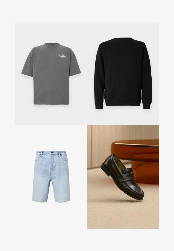 Sudadera negra con cuello redondo y puños de canalé. Presenta un sutil diseño bordado en el pecho. Elaborada en un tejido suave y texturizado.; Camiseta de manga corta de color gris oscuro con cuello redondo y pequeño logo blanco "ALLSAINTS" en la parte superior izquierda del pecho.; Pantalones cortos de mezclilla azul claro con un ajuste regular, diseño de cinco bolsillos y cierre de botón. Presentan un ligero desvanecimiento y dobladillo cosido.; Mocasín de cuero negro brillante con detalle de correa, colocado sobre una alfombra beige cerca de una mesa de café redonda marrón en una habitación con iluminación suave.