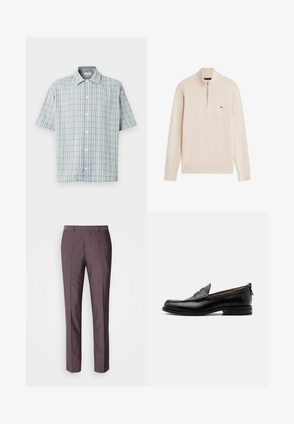 Pull en maille beige à manches longues avec col à fermeture éclair partielle et petit logo sur la poitrine gauche.; Chemise à manches courtes à boutons avec un motif à carreaux bleu et blanc, col évasé et boutons blancs sur le devant.; Pantalons sur mesure pour hommes dans une teinte violette douce, présentant une texture lisse, une coupe droite et des plis avant pour un détail supplémentaire.; Mocassin homme en cuir noir avec couture moc toe, bride penny, col texturé et petit talon empilé sur fond blanc.